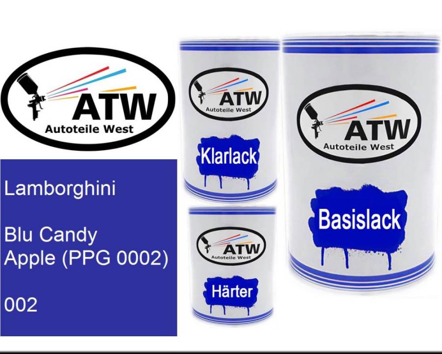 Lamborghini, Blu Candy Apple (PPG 0002), 002: 500ml Lackdose + 500ml Klarlack + 250ml Härter - Set, von ATW Autoteile West.